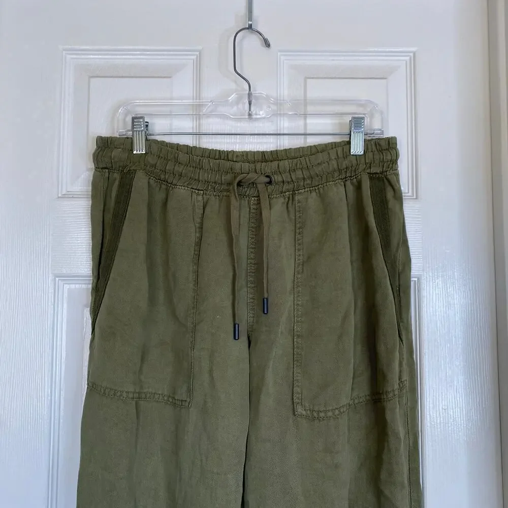 ZARA Khaki Green Linen Blend Pants High Rise Joggers Size Medium Olive Pockets